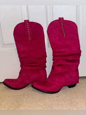 Fuschia Women's Slouchy Stud-Trim Cowboy Boots